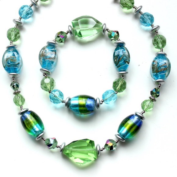Art glass blue green beaded choker necklace and bracelet set lampwork Murano - Picture 3 of 8